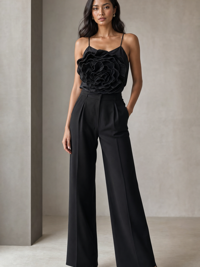 Applique Flower Pearl Cami Crop Top & Pant Coord Set by EXCLUSIVES, black outfit