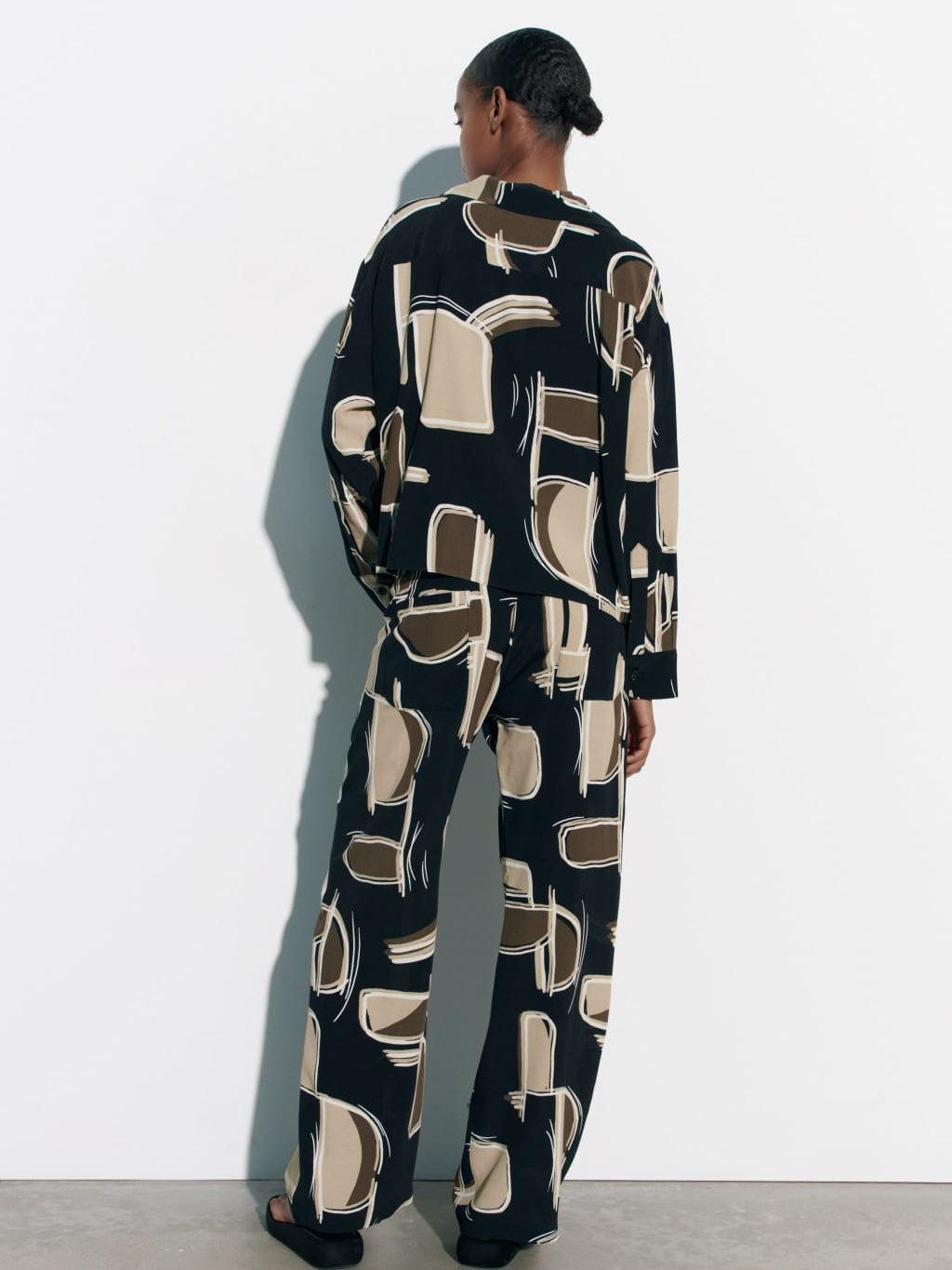 Geometric Print Shirt & Wide Leg Pants Coord Set