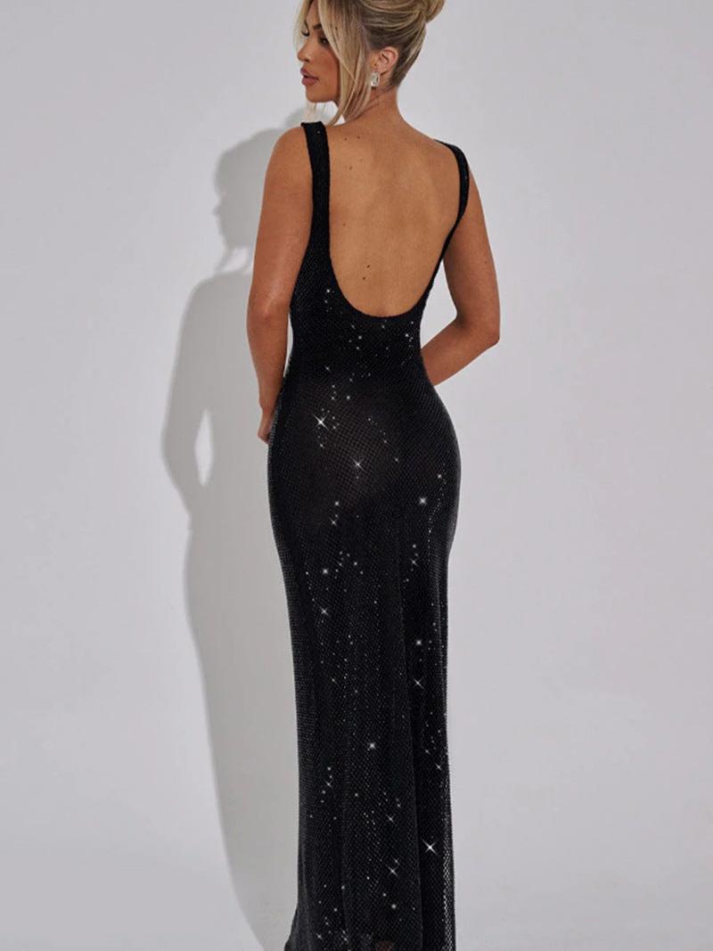 Spaghetti Strap Sequins Rhinestone Net Drill Suspenders Dress