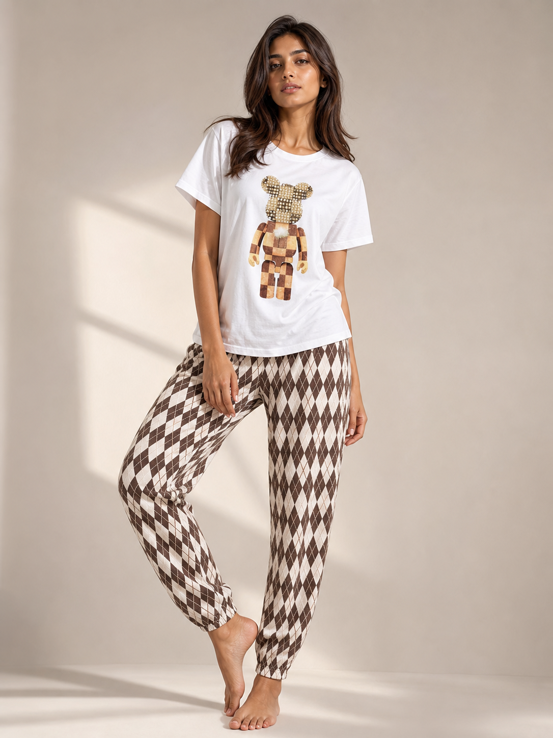 Branded Print M O T-Shirt & Pants Coord Set, white tee with teddy bear graphic and brown argyle pants.