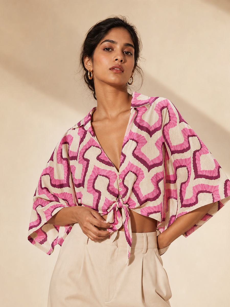 Printed Bow Shirt Top by Exclusives, pink and purple geometric print with front tie