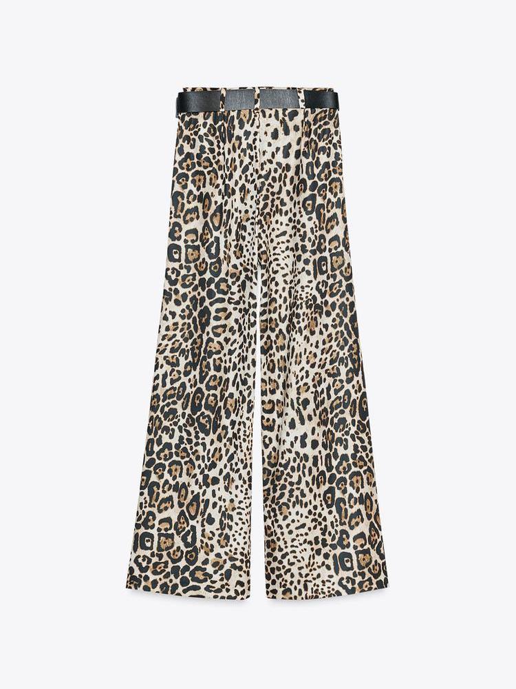 Animal Print Wide Leg Pants with Belt