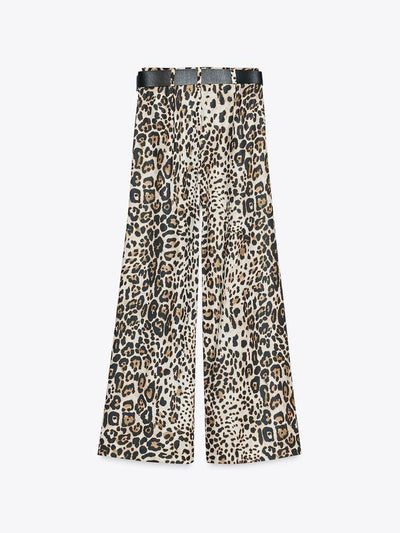 Animal Print Wide Leg Pants with Belt