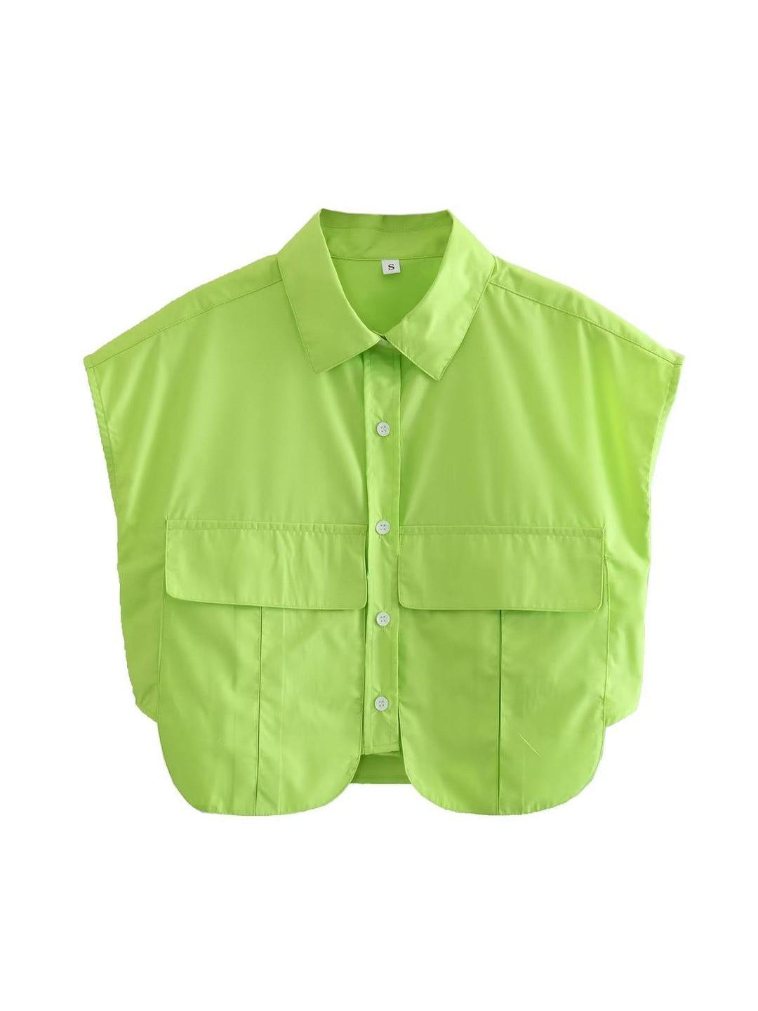 Bright lime green cropped sleeveless cotton vest with a collar, button-down front and two large front pockets.