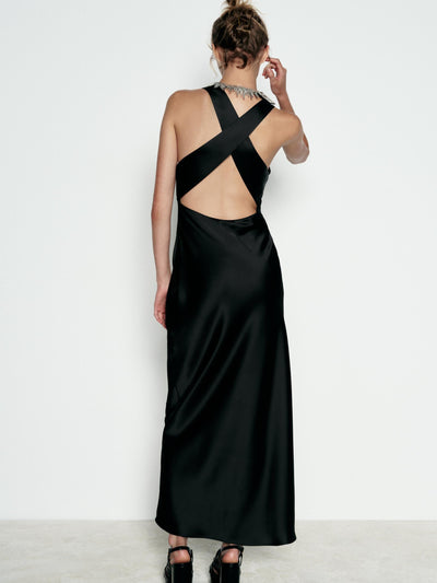 Halterneck Cross Back Slip Maxi Dress