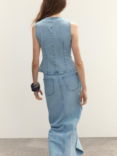 Mela Denim Vest & Slit Skirt Coord Set
