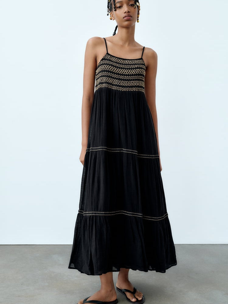 Spaghetti Strap Modal Embroidery Dress