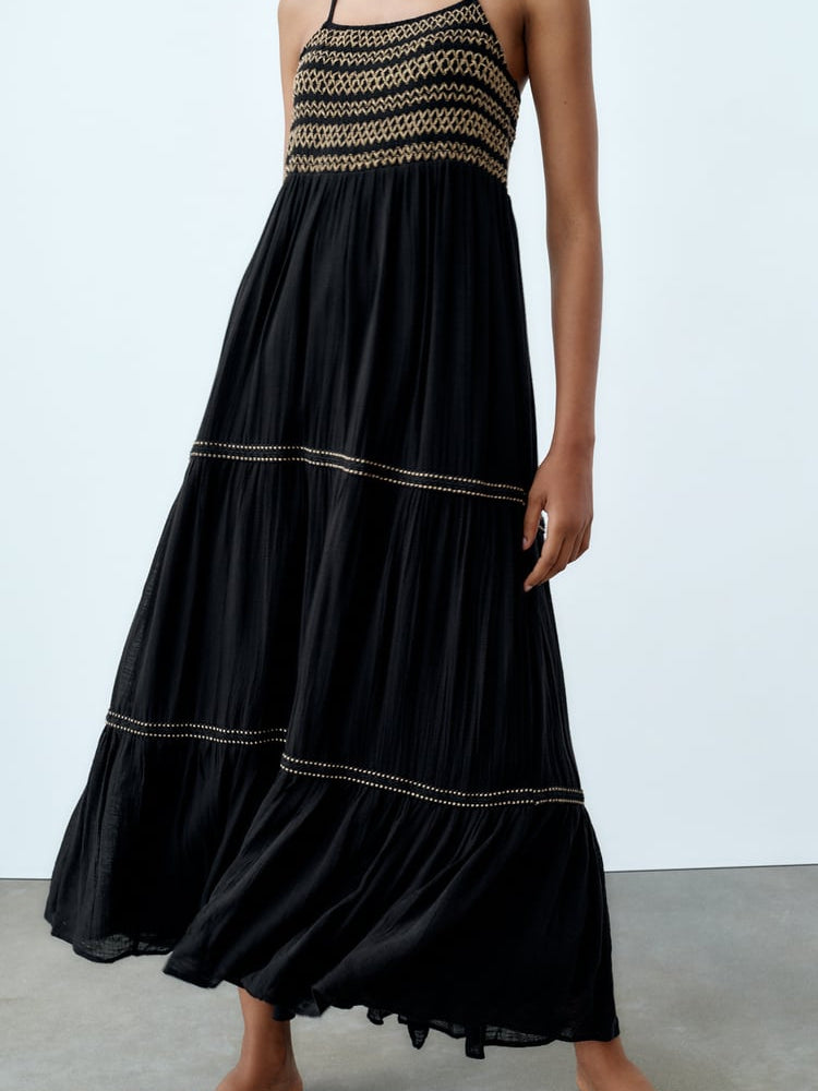 Spaghetti Strap Modal Embroidery Dress