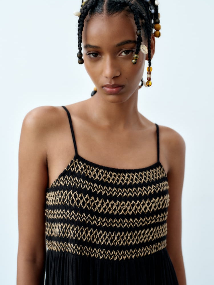 Spaghetti Strap Modal Embroidery Dress