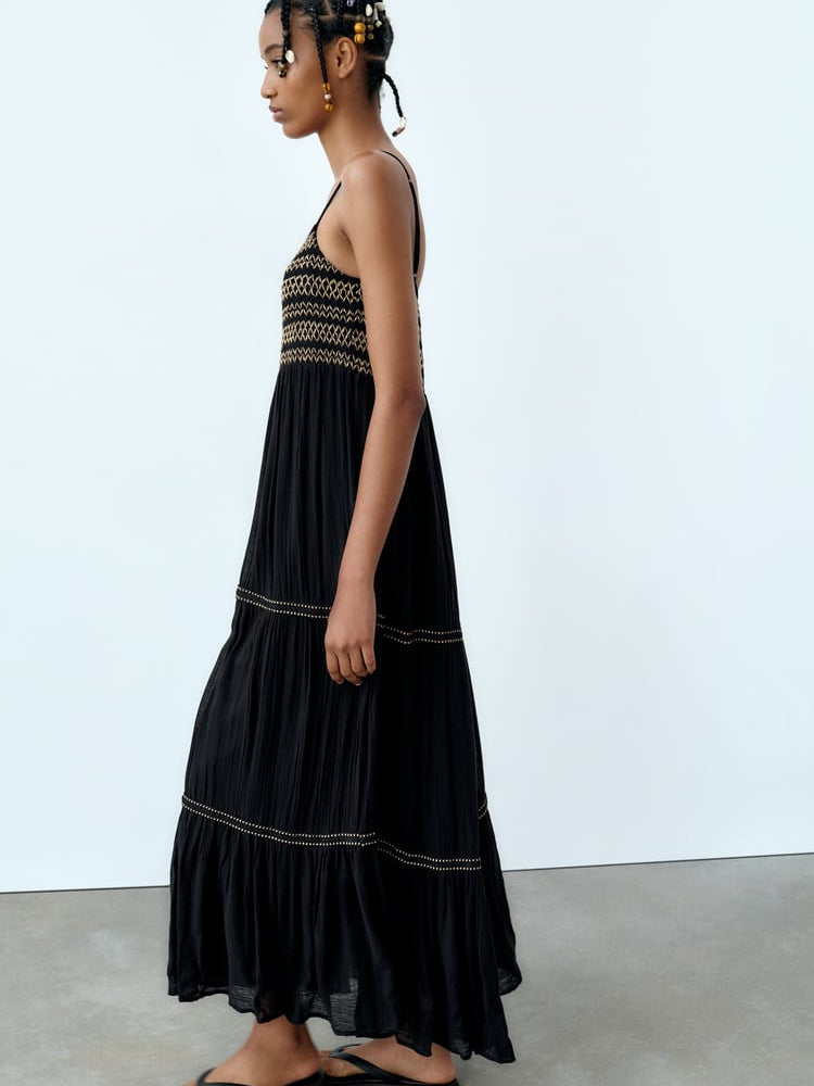 Spaghetti Strap Modal Embroidery Dress