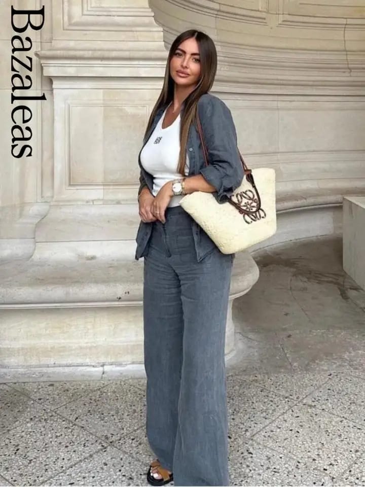 Grey Linen Shirt & Pants Coord Set