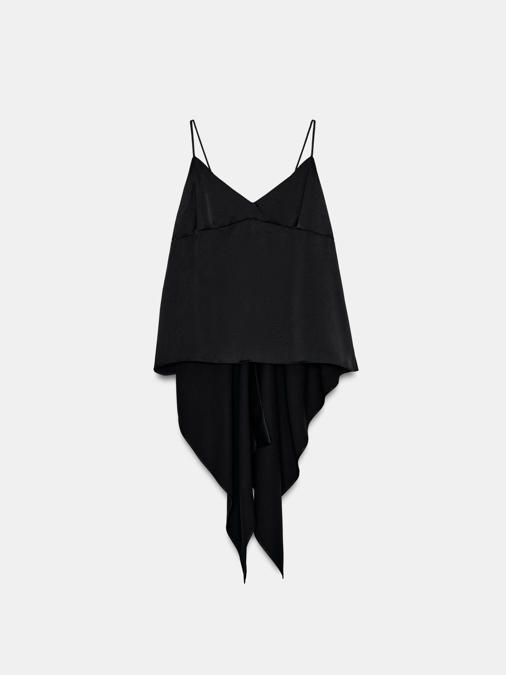 Tie-Front Handkerchief Hem Cami Top, black spaghetti-strap tank by Exclusives.