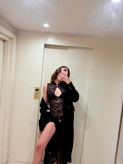 Lace See Through Cutout Slit Maxi Dress