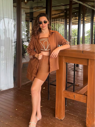 Embroidered Shirt with Spaghetti top & shorts Coord Set