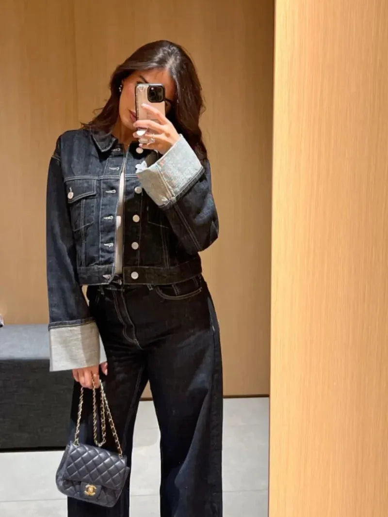 Cropped Denim Jacket & High Waist Denim Pants Coord Set