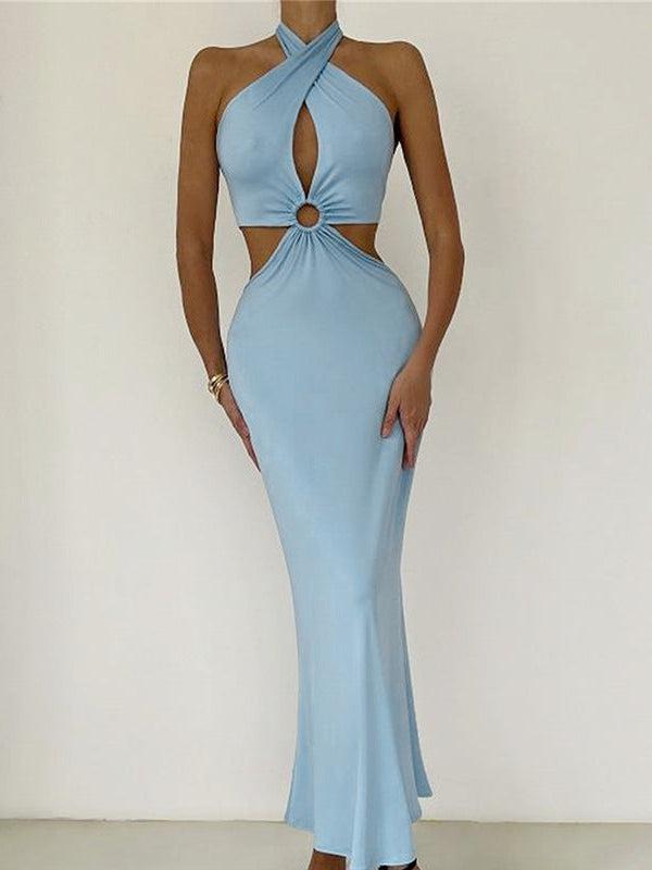 Halterneck Cutout Backless Strap Maxi Dress