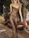 Leopard Print Cowl Neck Spaghetti Strap Maxi Dress