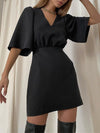Black Short Sleeve V Neck A Line Dress
