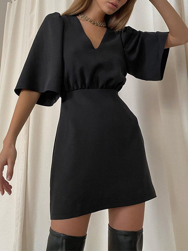 Black Short Sleeve V Neck A Line Dress