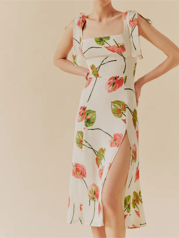 Pastoral Print High Slit Strap Dress