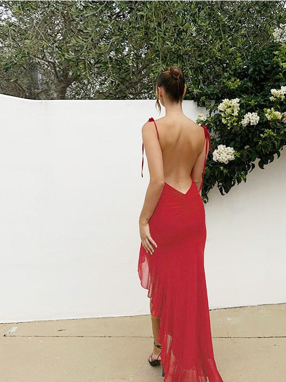 Spaghetti Strap Lace Backless Cutout Frill Dress