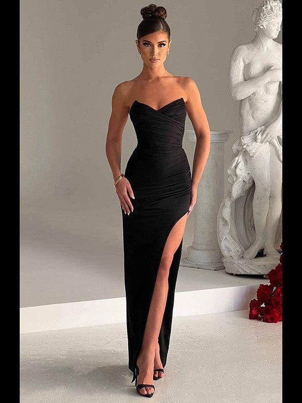 Ruched Corset Tube Top Sheath Slit Dress