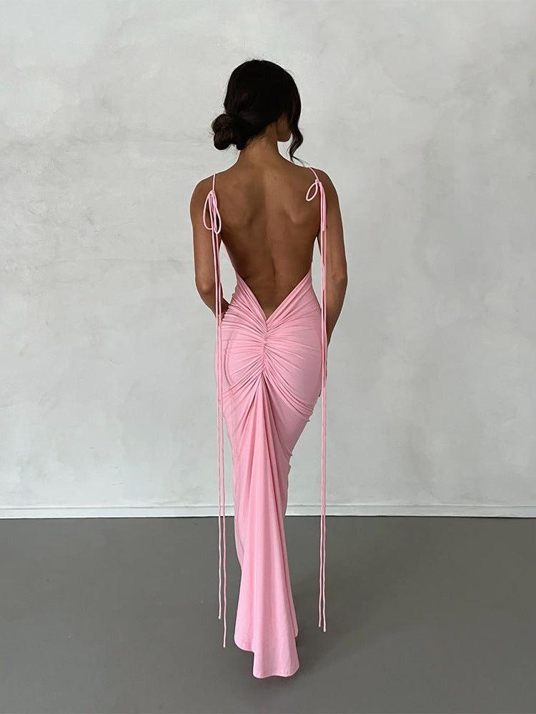 Spaghetti Strap Backless Pleated Dress