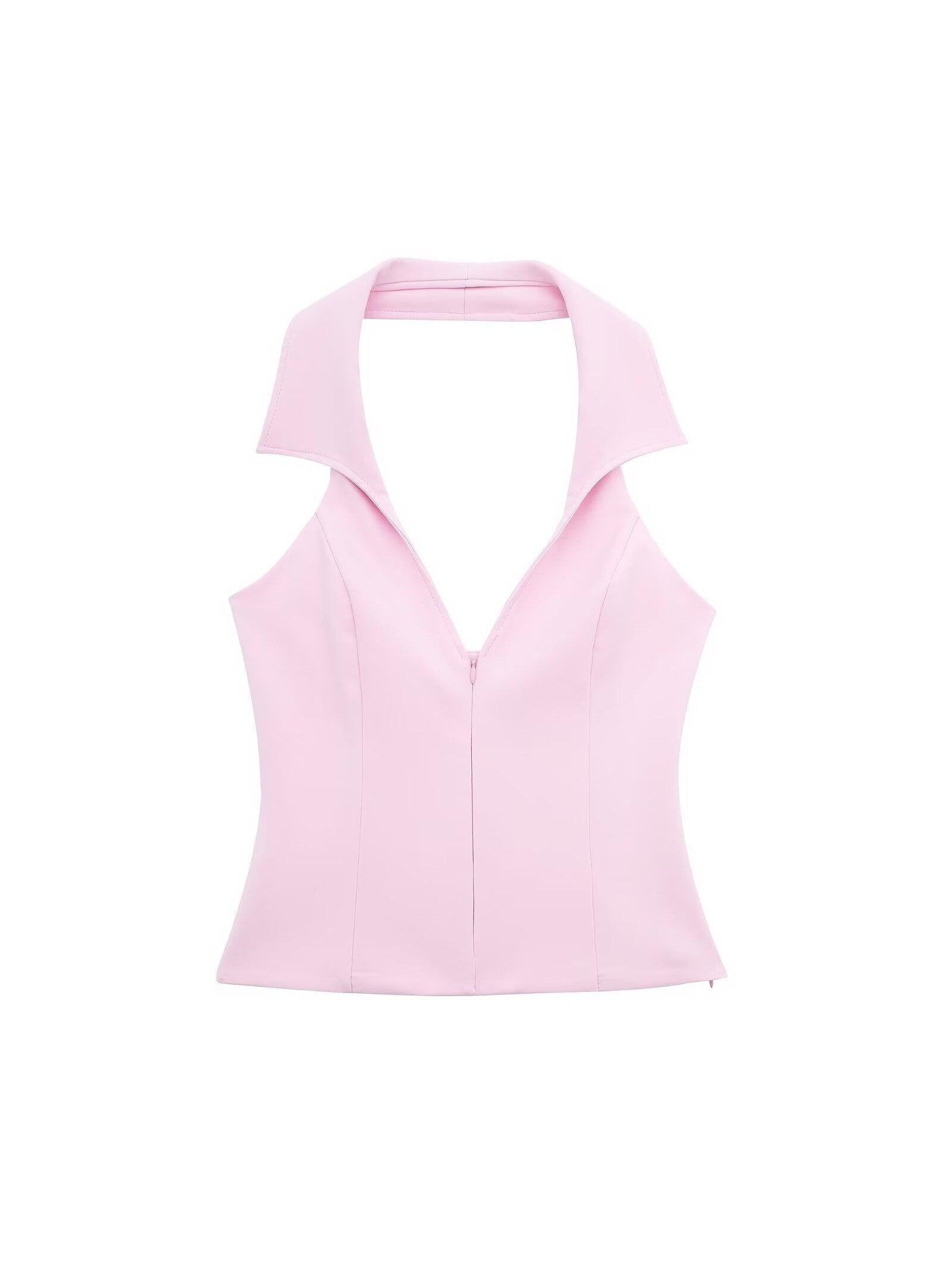 Pink halterneck waistcoat top with wide lapels, sleeveless, front zipper, tailored fit.