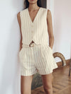 Striped Vest Waist Coat & Shorts With Belt Coord Set