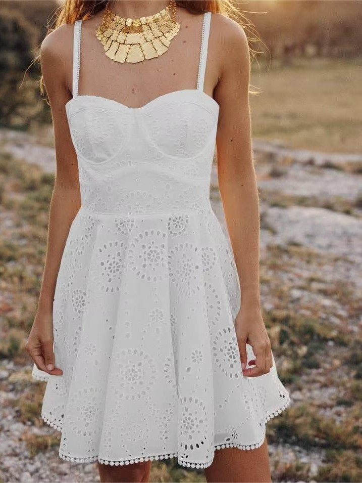 White Crochet High Waist A Line Dress