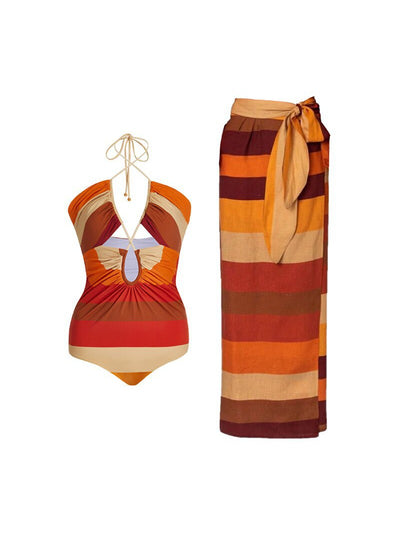 Vintage Stripe Spring Swimsuit & Skirt Coord Set