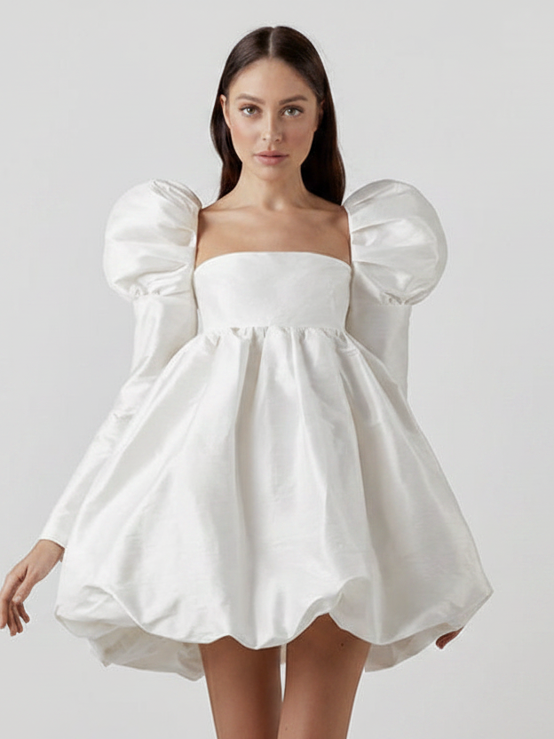 Dress white ice-silk satin with square collar and puff sleeves