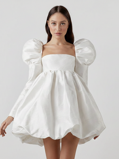 Dress white ice-silk satin with square collar and puff sleeves