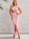 Halterneck See through Lace up Top & Long Slit Skirt Set
