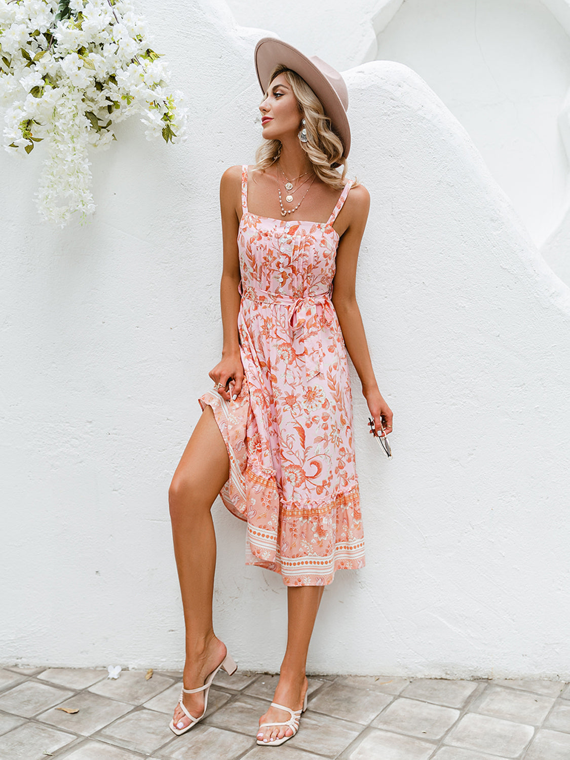 V Neck Spaghetti Strap Floral Print Midi Dress