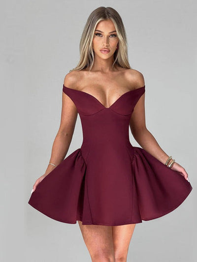 Off Shoulder Deep Neck Flare Short Dress With Scarf