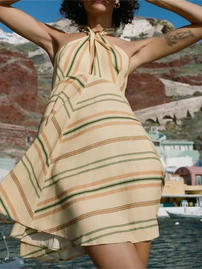 Striped Linen Blended Short Dress