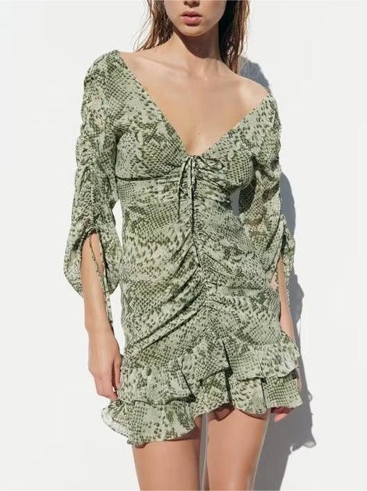 Spring Animal Print Pleated Mini Dress