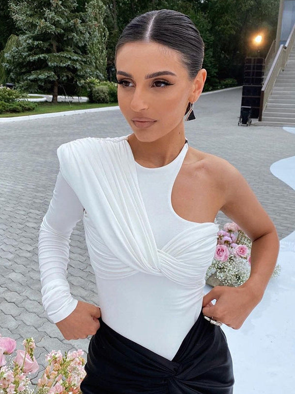 Ruched One Shoulder Pleated Bodysuit