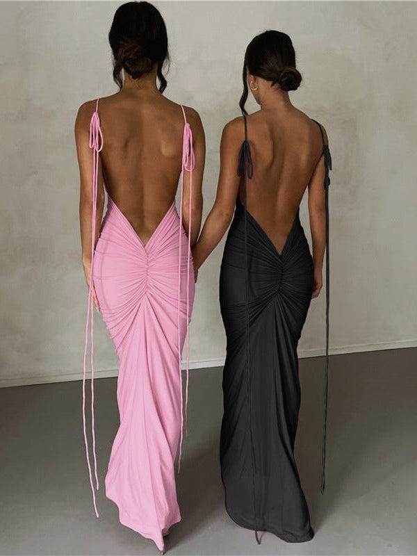 Spaghetti Strap Backless Pleated Dress