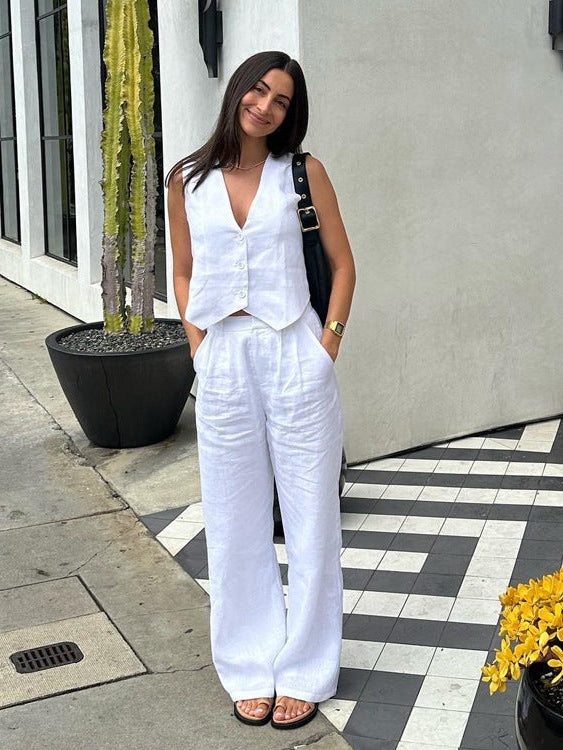 White Vest Waist Coat Wide Leg Pants Coord Set - Main Image