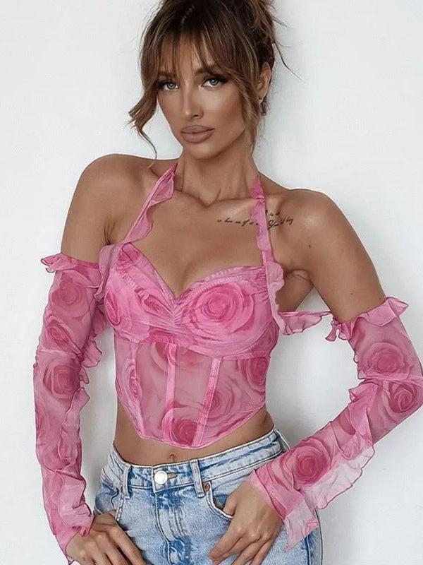 Halterneck Floral Print Corset Top
