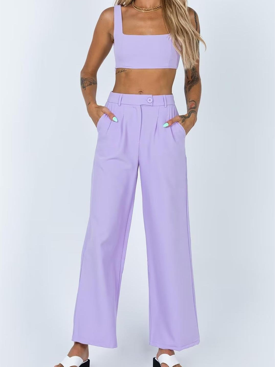 Tank Top & High Waist Buckle Casual Pants Set