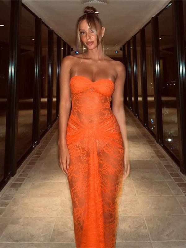 Orange Bandeau Lace See Through Sheath Dress