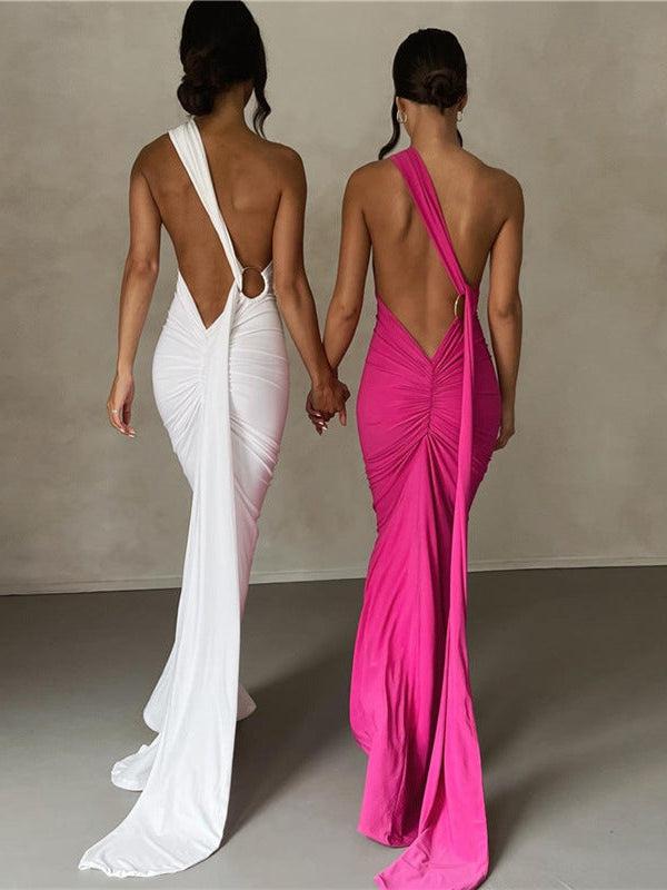 One Shoulder Backless Ruched Maxi Dress