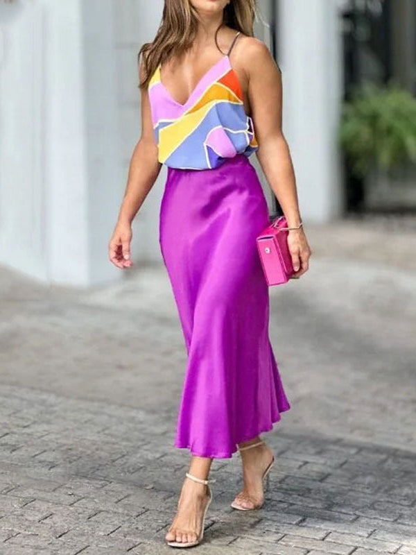 Printed V Neck Sleeveless Top & Skirt Coord Set