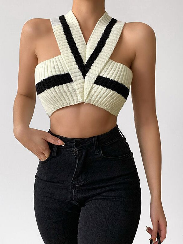 V Neck Knitted Vest Striped Halter Crop Top