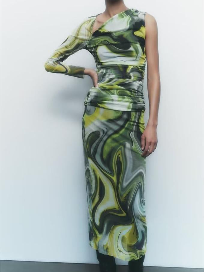 Floral Print One Shoulder Ruched Mesh Top & Skirt Coord Set