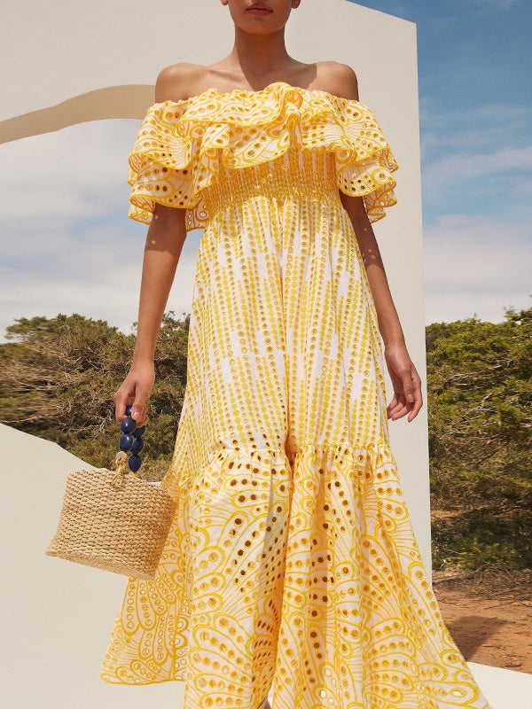 Off Shoulder Embroidered Cutout Maxi Dress