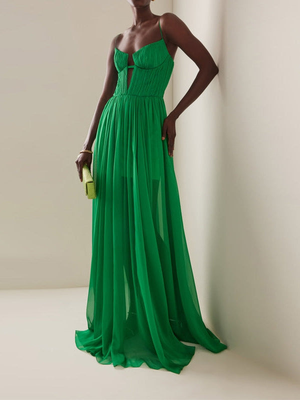 Rosalia Green Deep Neck Corset Maxi Dress